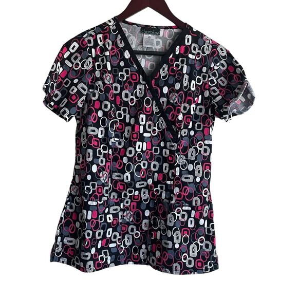 Cherokee Women Scrub Top XS Black Geometric‎ Medical Uniform Nurse Workwear - Picture 1 of 10